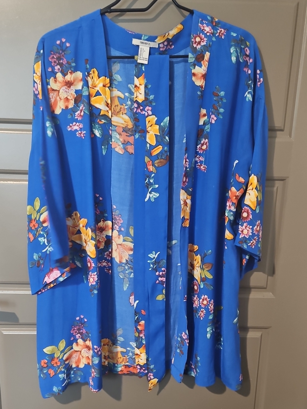 Forever 21 Royal Blue Floral Open Kimono With Tie Belt